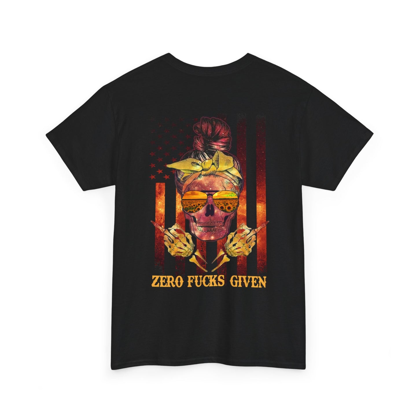 Zero Fucks Given Colorful American Flag Sunflower Sunglasses Skull Lady T- shirt