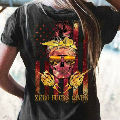 Zero Fucks Given Colorful American Flag Sunflower Sunglasses Skull Lady T- shirt